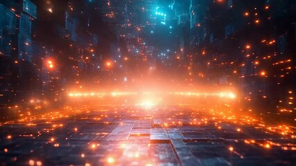 Abstract digital space visualizing interconnected data streams and processing information with glowing particles, representing a high tech concept of network technology and big data - Powered by Adobe