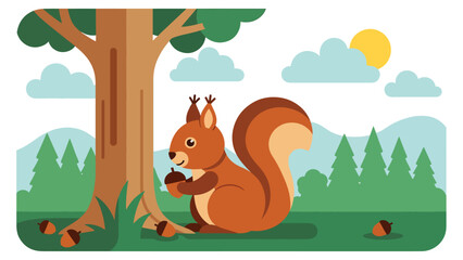 Fototapeta premium Flat vector illustration of a squirrel collecting acorns near a tree, wildlife foraging behavior in forest habitat, educational animal activity for nature and ecology themes