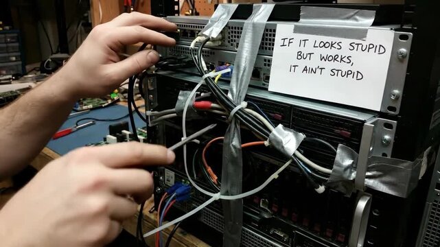 Technician pointing at messy wiring and funny handwritten sign on server rack. Humorous engineering concept about pragmatic quick fixes