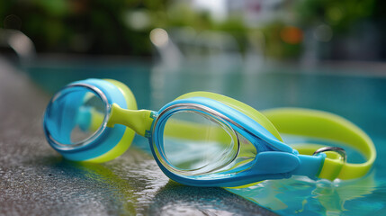 Kids Swimming Theme - Bright Blue and Green Swimming Goggles on Poolside Edge Reflecting Possible