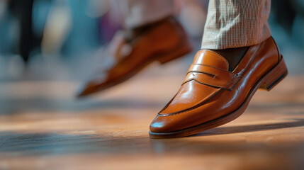 Happy Dance - Close-Up of Stylish Brown Leather Shoes in Motion on Wooden