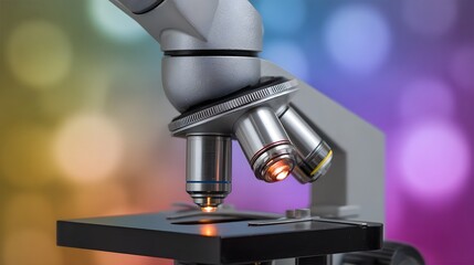 Scientific microscope with illuminated objectives and sample stage set against a colorful bokeh background symbolizing discovery