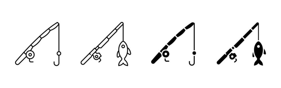 Fishing rod with fish caught icon. Fisher equipment illustration. Outline and solid fishery outdoor hobby sign.
