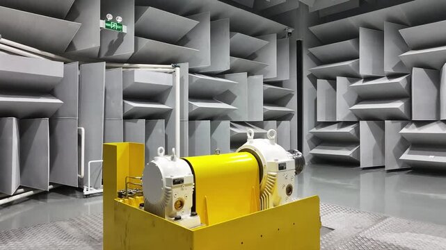 Yellow electromagnetic compatibility testing equipment inside an anechoic chamber
