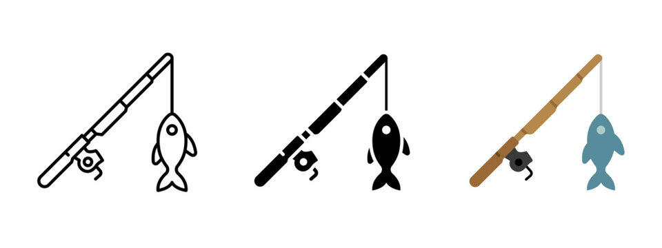 Fishing rod icon. Fishing rod with fish symbol for angling, catch, and outdoor hobby concepts. Fishing equipment illustration used for sport fishing, fisherman, and nature related projects.