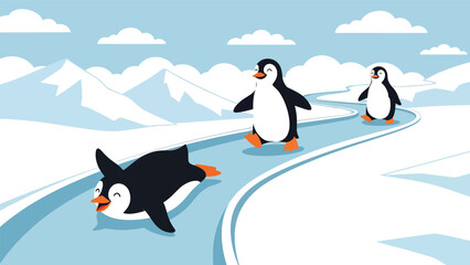 Flat vector illustration of penguins walking and sliding on ice, polar wildlife activity showing adaptation and social behavior for educational and conservation use