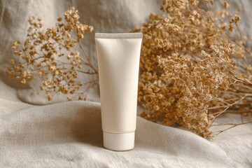 Blank cosmetic tube mockup on linen fabric with dried flowers for natural beauty product presentation