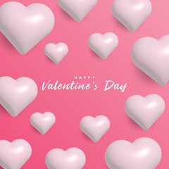 Valentine's day pink background decorated with beautiful 3d heart balloons.