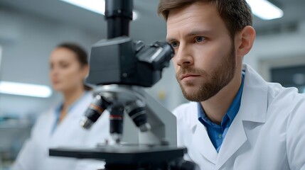 A male scientist in a lab coat intently studies a sample under a microscope in a bright laboratory setting