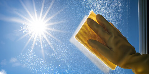 Cleaner Wearing Glove Washes Window on Sunny Day for Sparkling Results and Clear