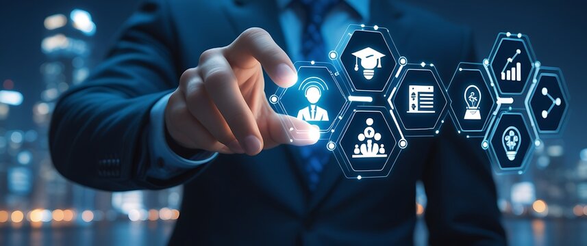 Man interacting with futuristic digital interface representing data and technology concepts - Powered by Adobe