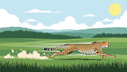 Flat vector illustration of a cheetah running across open land, wildlife speed and hunting behavior shown in a clean educational nature illustration