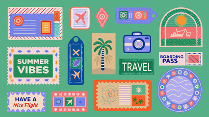 Colorful travel themed stickers and icons for summer vacations and journeys © ShambhuNath