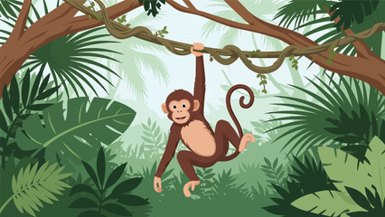 Flat vector illustration of monkeys swinging between branches, jungle wildlife movement and playful behavior presented in an educational nature scene