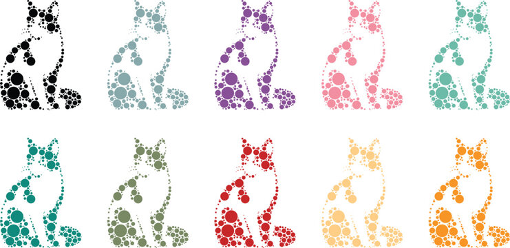 Sitting cat silhouettes in diverse color palettes, Colorful cat sitting silhouette collection