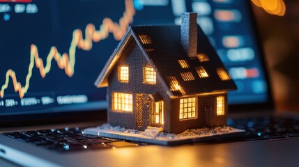 Miniature glowing house on laptop keyboard with rising stock graph. Real estate investment and financial market growth concept