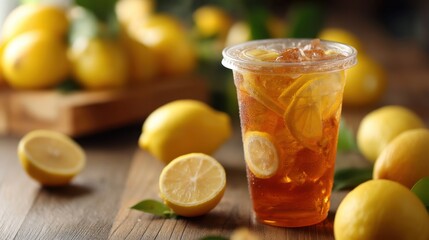 Fototapeta premium Refreshing iced tea with lemon slices and ice in a plastic cup, surrounded by fresh whole and cut lemons on a wooden table. For summer drink.