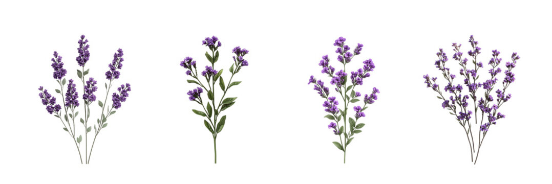 Natural dried pressed flowers in violet palette botanical collection isolated on transparent background