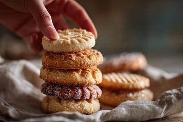 Snack Break Hand Reaching for Stacked Cookies Displaying Variety of Homemade Biscuit