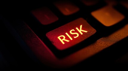 Glowing red risk button on a dark keyboard. Concept of danger, warning, or financial investment risk management.