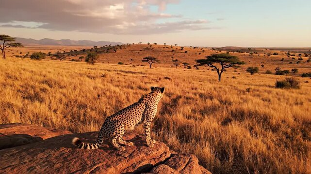 Cheetah surveys savanna landscape at sunset
