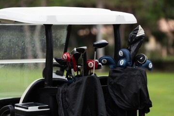 A lot of golf clubs in a cart
