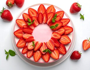 Overhead shot of a decorated circular strawberry dessert