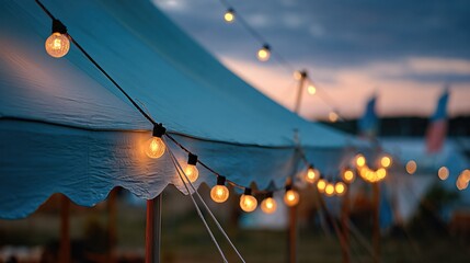 Festival Tent with Glowing String Lights at Dusk Creating a Warm Atmospheric