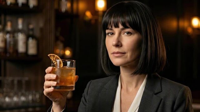 blunt cut bob with bangs - A woman in a sleek suit holds a glass of whiskey, gazing thoughtfully, with a warm bar ambiance in the background, illuminated by soft lights