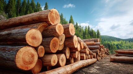 Stack of cut wood log in the forest ready for lumber industry. Deforestation and wood production concept. Material for construction industry.
