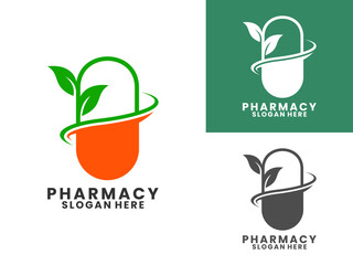 Capsule with herbal leaf illustration logo design vector template. Pharmacy logo design vector.