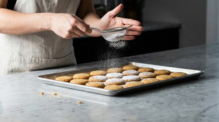 Hands dusting powdered sugar through a sieve over a tray of freshly baked homemade cookies on a marble countertop, preparing a sweet dessert in a cozy home kitchen