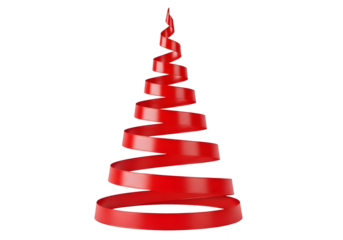 Red ribbon curled into christmas tree shape isolated on transparent background