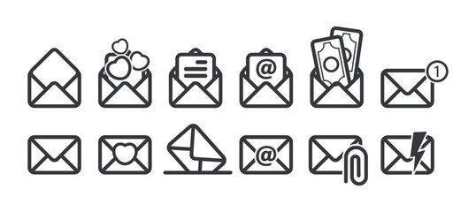 Bundle outline icon set mail, email, envelope, love letter, money mail, and other