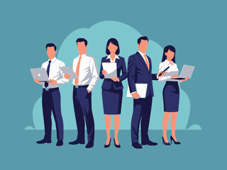 A group of business people standing in front of a light blue abstract shape with laptops and papers in their hands