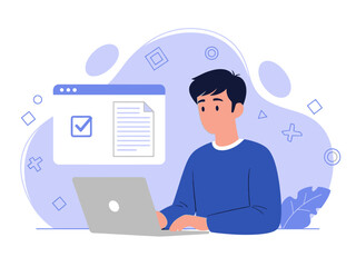 A cartoon man sitting at a desk with a laptop and a large browser window with a checklist on the screen in front of him with various icons around