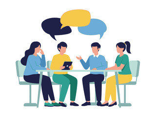 A group of people sitting around a table and talking to each other with speech bubbles above their heads