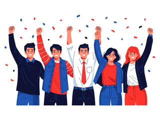 A diverse group of people celebrating with their arms raised and confetti falling around them