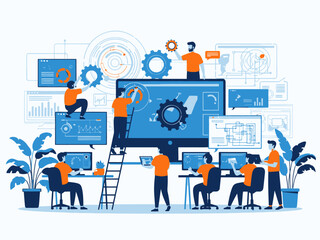 Illustration of a group of people working together on a large computer screen with various graphs and charts
