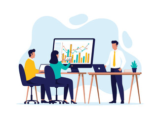 People working together at a desk with laptops and a large screen display