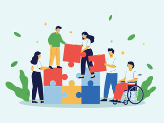 A diverse group of people working together to build a puzzle on a light blue background with green leaves and yellow stars