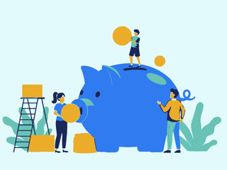 A group of people putting coins into a large blue piggy bank on a light blue background with green leaves