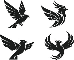 Obraz premium Black bird logo set, flying eagle and phoenix silhouettes, modern vector icons, minimalist animal emblem design collection