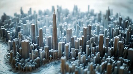 White 3d printed miniature city skyline with numerous skyscrapers, including one world trade center, on textured base with water, illustrating urban planning and architecture concepts - Powered by Adobe