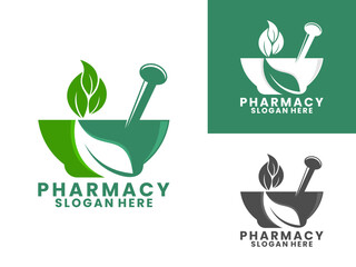 Mortar with leaves combinations logo design vector template. Medical Pharmacy logo icon design vector.