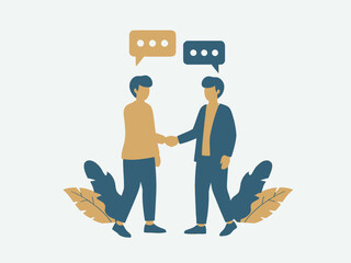 Vector illustration of two businessmen shaking hands with speech bubbles and leaves around them on a light gray background
