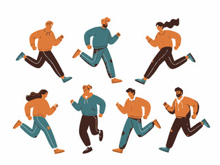 Group of diverse people running together in different poses