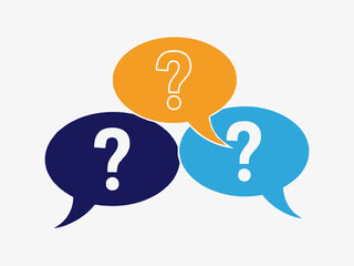 Three colorful speech bubbles with question marks inside them