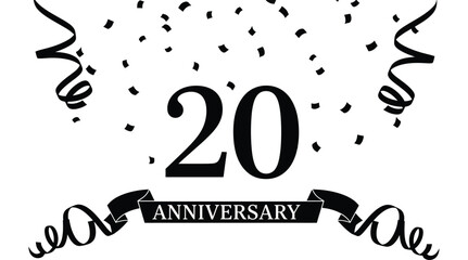 Celebratory design featuring the number twenty with ribbons and confetti silhouette