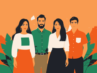 Four people standing together with a speech bubble and leaves on an orange background